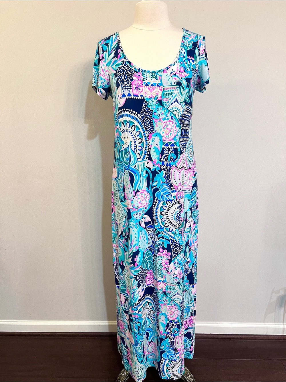 Lilly Pulitzer Wynne Maxi Dress Large Lookin Sharp Print Blue Pink Casual Beach